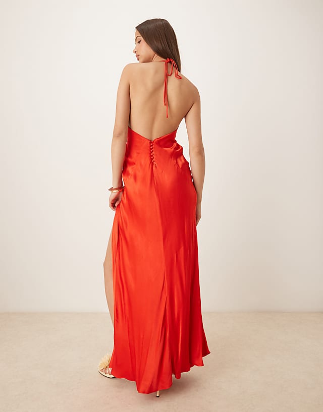 Asos Bardot Halter Neck Satin Maxi Dress In Red