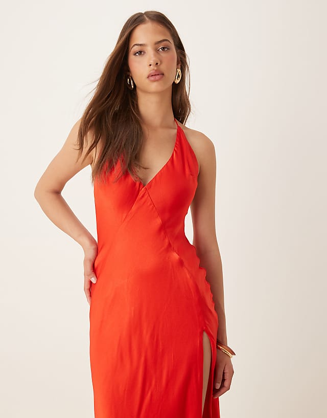 Asos Bardot Halter Neck Satin Maxi Dress In Red