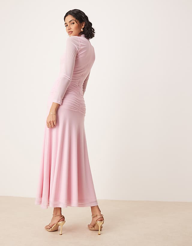 Asos Bardot Mesh Long Sleeve Maxi Dress In Pink