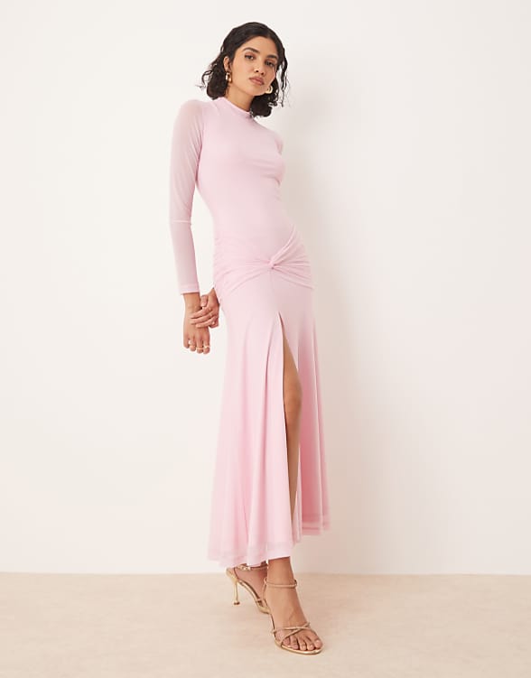 asos Bardot mesh long sleeve maxi dress in pink