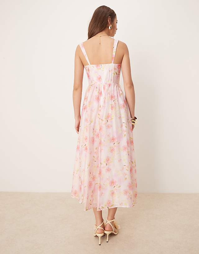 Asos Bardot Midi Dress In Pink Floral
