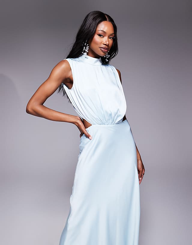 Asos Bardot Open Back High Neck Maxi Dress In Aqua