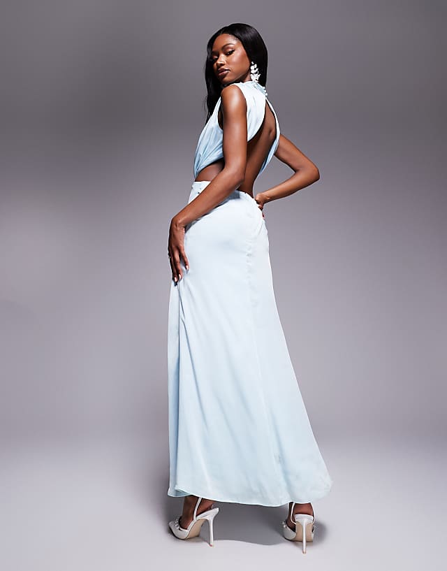 Asos Bardot Open Back High Neck Maxi Dress In Aqua