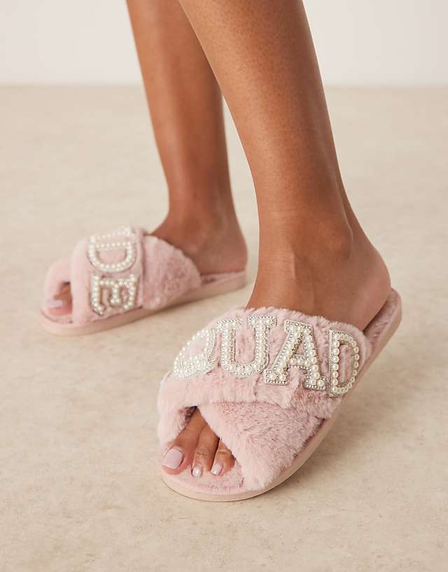 asos Be Mine Sasha Bride Squad slippers in blush