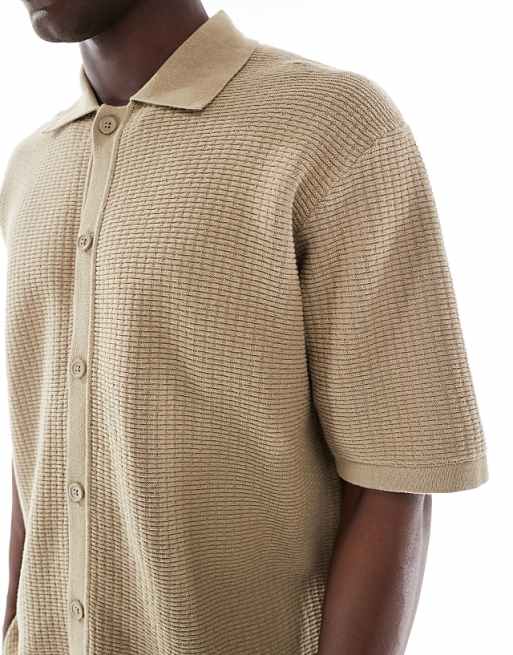 Asos Bershka Button Through Knitted Shirt In Brown
