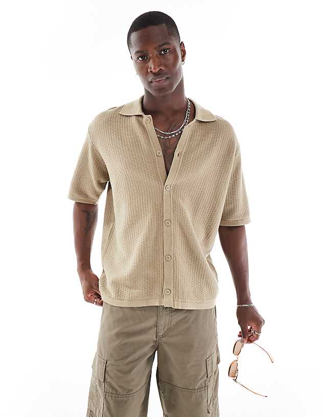 asos Bershka button through knitted shirt in brown