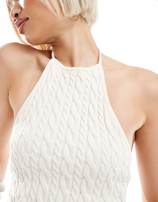 Asos Bershka Cable Knit Halterneck Top In White