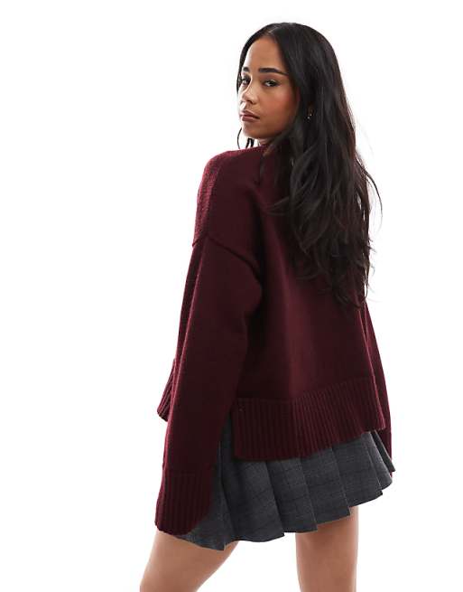 Asos Bershka Chunky Crew Neck Jumper In Burgundy