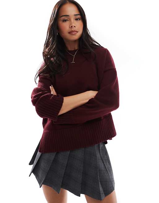 asos Bershka chunky crew neck jumper in burgundy
