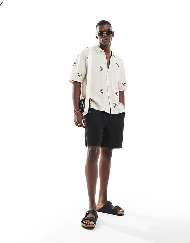 Asos Bershka Embroidered Linen Rich Shirt In Beige