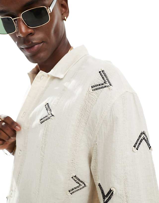 Asos Bershka Embroidered Linen Rich Shirt In Beige