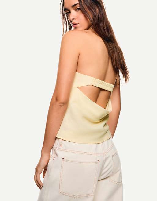 Asos Bershka Linen Blend Bandeau Top In Yellow