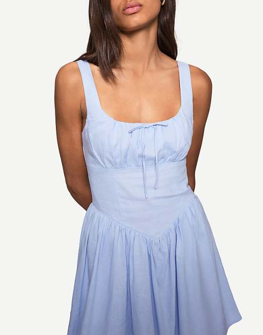 Asos Bershka Linen Blend Flared Mini Dress In Blue