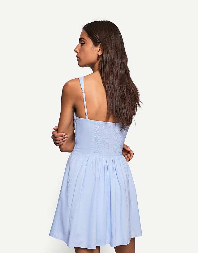 Asos Bershka Linen Blend Flared Mini Dress In Blue