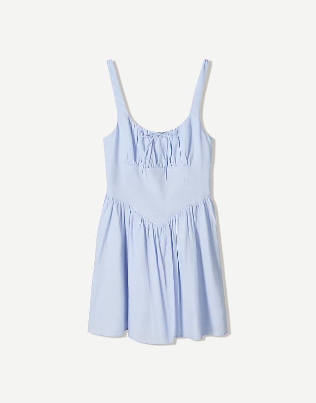 Asos Bershka Linen Blend Flared Mini Dress In Blue