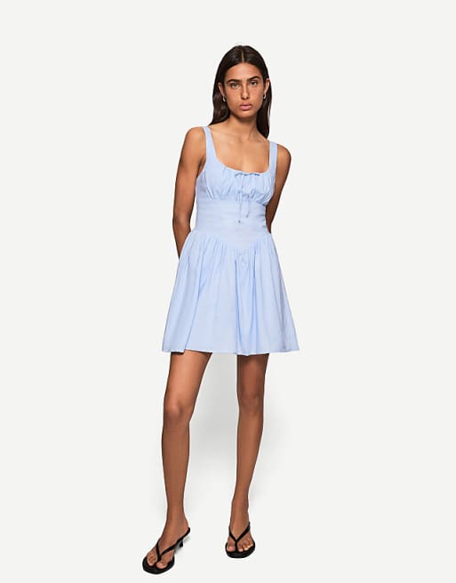 asos Bershka linen blend flared mini dress in blue asos Bershka linen blend flared mini dress in blue