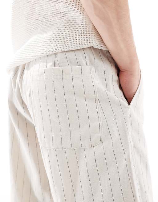 Asos Bershka Linen Rich Striped Trouser In Sand
