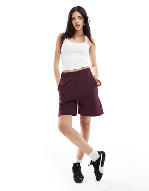 asos Bershka longline sweatshshorts in burgundy