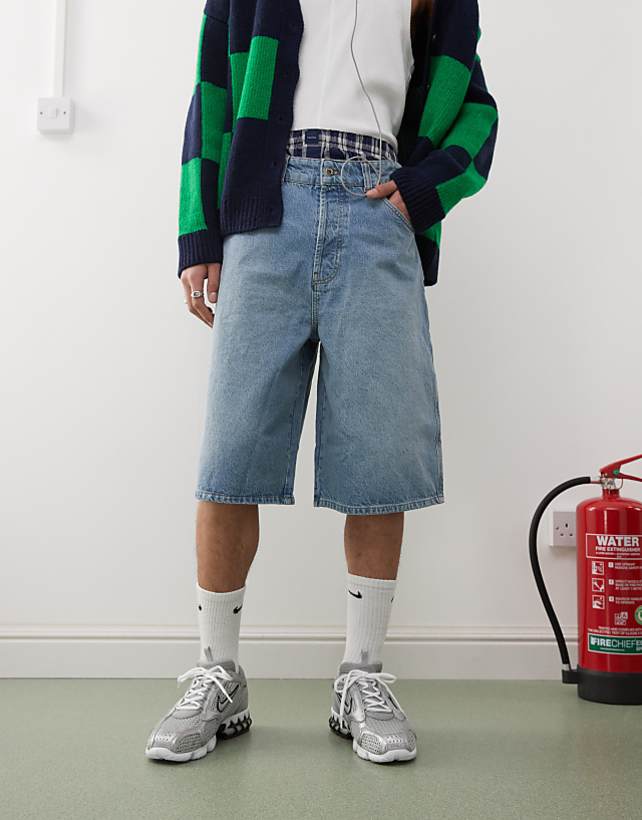 asos COLLUSION denim skater jorts in midwash blue
