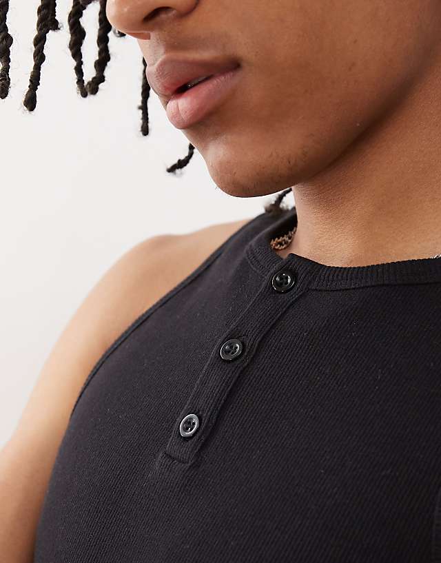 Asos COLLUSION Henley Muscle Vest In Black