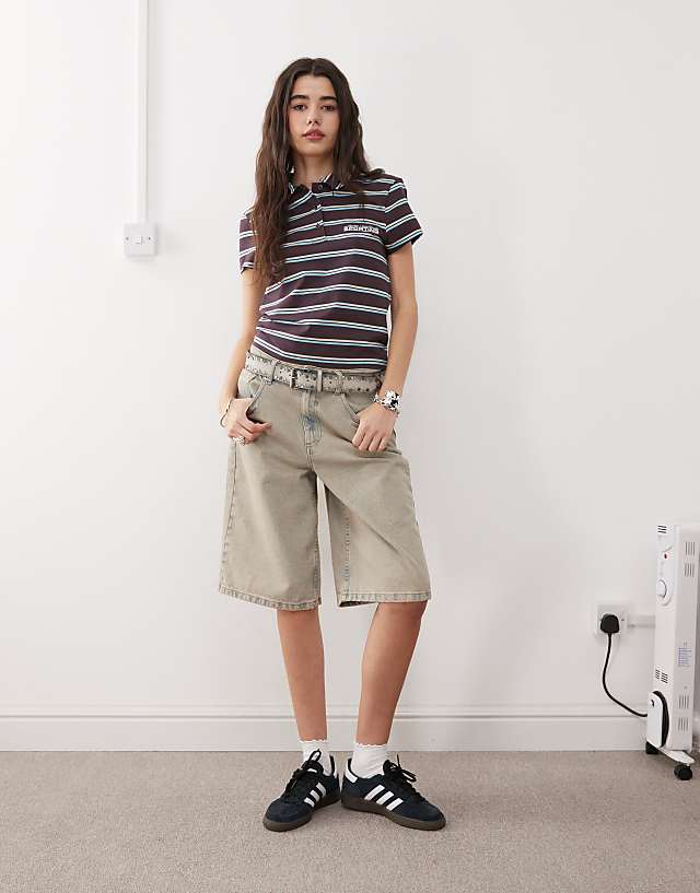 Asos COLLUSION Shrunken Stripe Polo In Brown