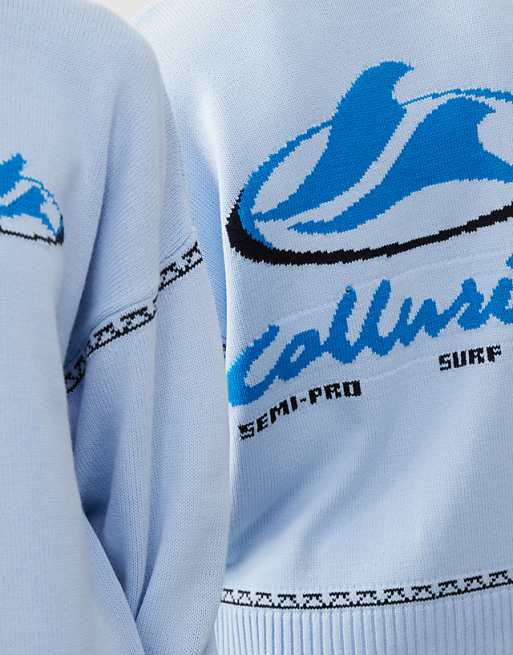 Asos COLLUSION Unisex Blue Jumper With Surf Print