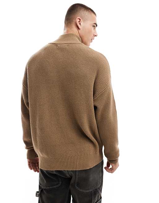 Asos Cotton On Knitted Long Sleeve Polo Top In Tan