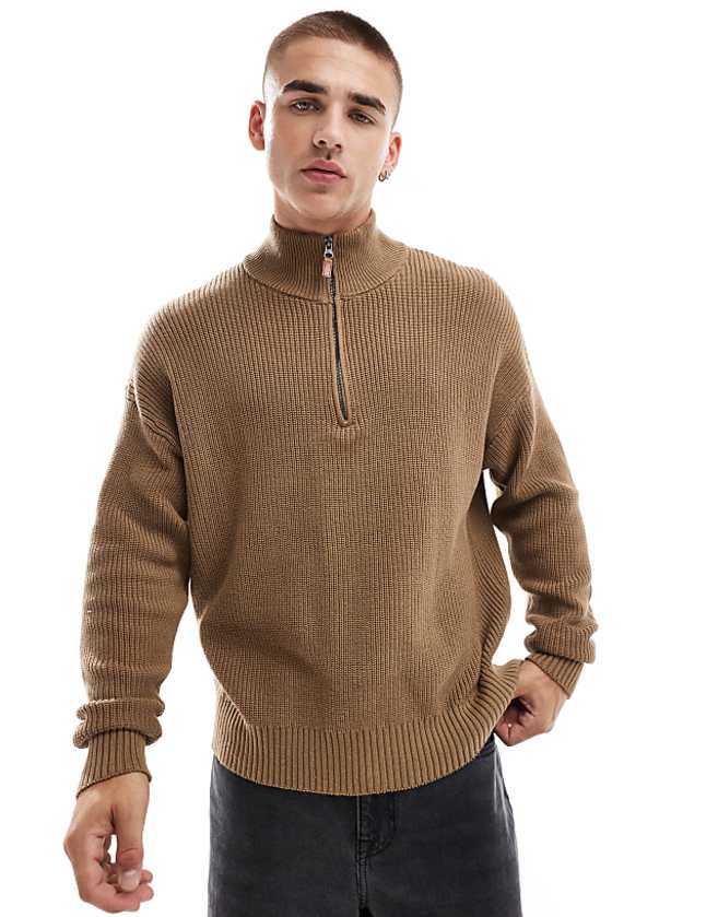 asos Cotton On knitted long sleeve polo top in tan