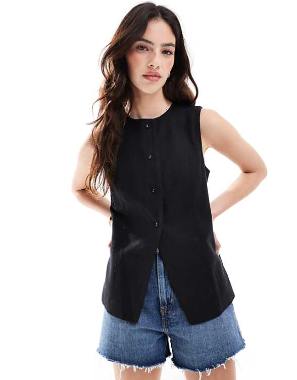 asos Cotton On Sienna linen cotton vest in black