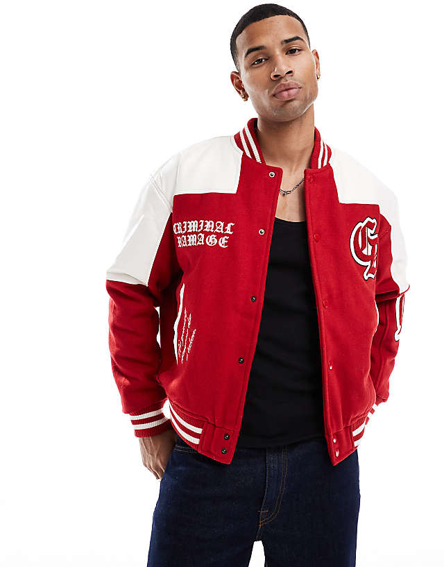 Asos Criminal Damage Letterman Jacket Red In Red