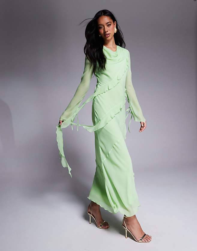 Asos Daska Chiffon Ruffle Maxi Dress In Pistachio