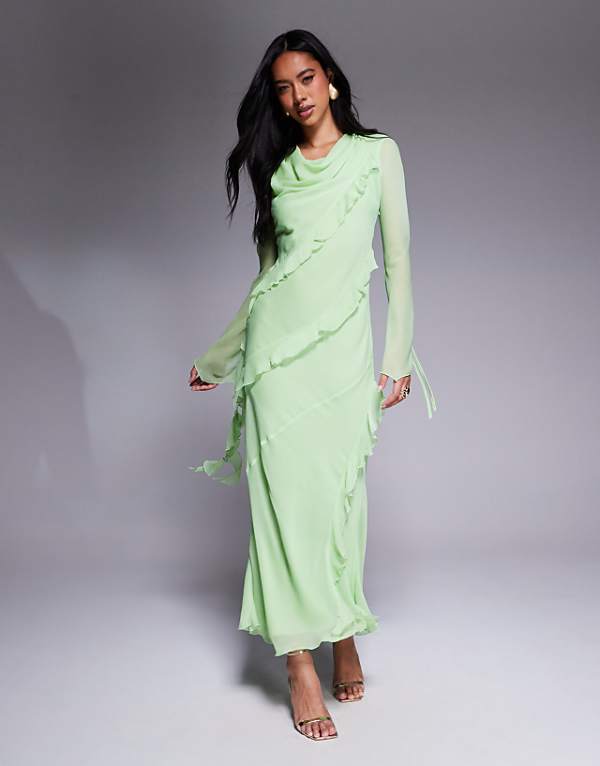 asos Daska chiffon ruffle maxi dress in pistachio