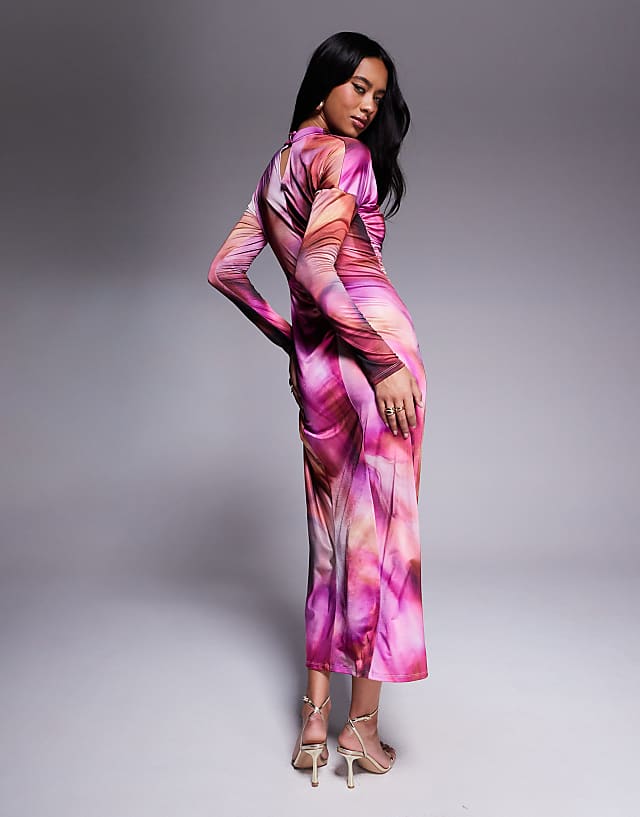 Asos Daska Draped Ruched Maxi In Purple Blur Print
