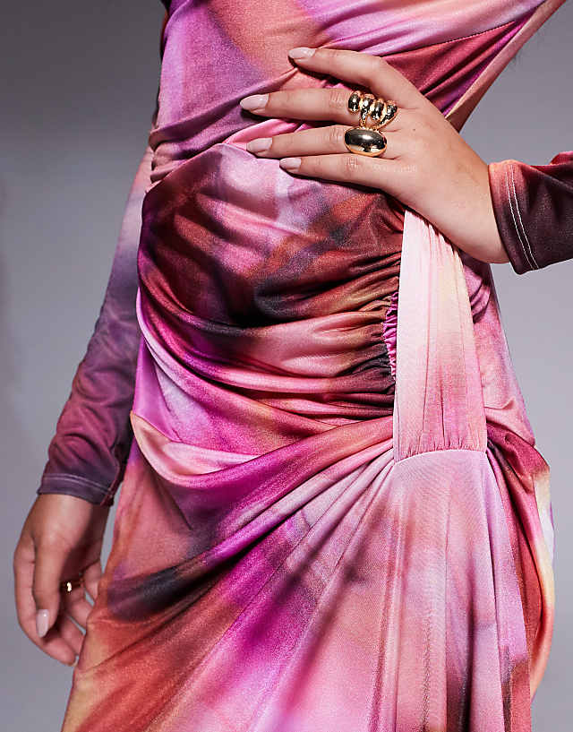 Asos Daska Draped Ruched Maxi In Purple Blur Print
