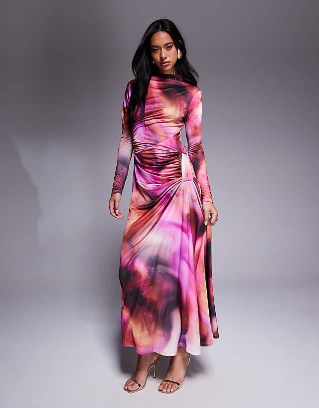 Asos Daska Draped Ruched Maxi In Purple Blur Print