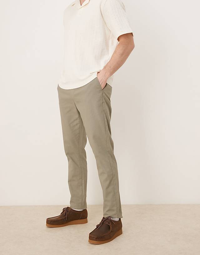 Asos ASOS DEISGN Linen Rich Slim Trouser With Elasticated Waist In Khaki