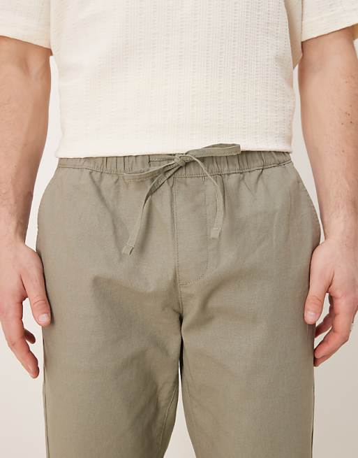 Asos ASOS DEISGN Linen Rich Slim Trouser With Elasticated Waist In Khaki