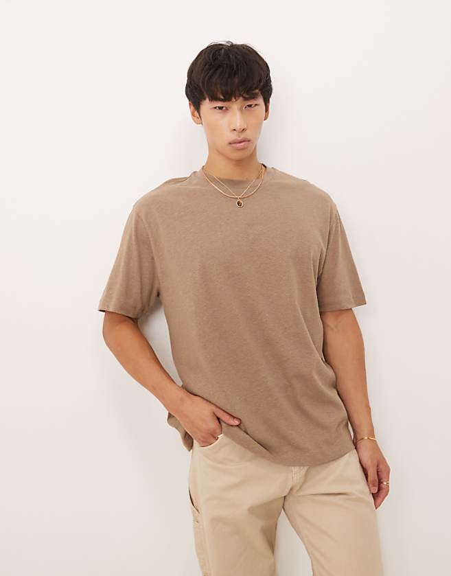 asos ASOS DESGIN relaxed linen mix t-shirt in brown