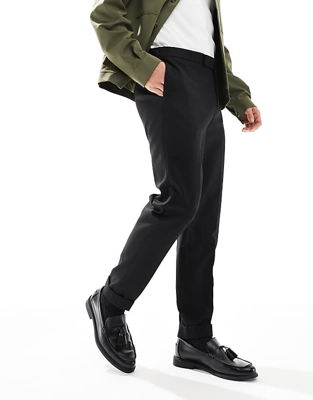 Asos ASOS DESIG Smart Tapered Fit Trousers With In Black Twill With Half Elasticated Waist