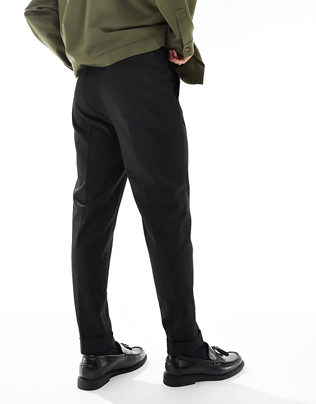 Asos ASOS DESIG Smart Tapered Fit Trousers With In Black Twill With Half Elasticated Waist