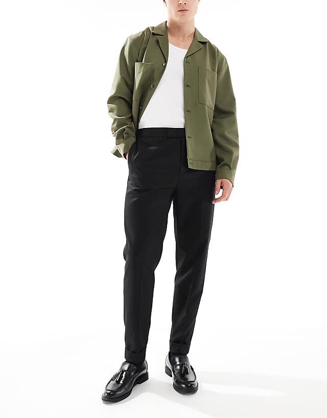 asos ASOS DESIG smart tapered fit trousers with in black twill with half elasticated waist