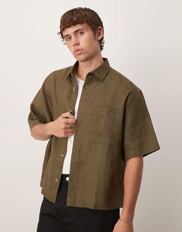asos ASOS DESIGN 100% linen boxy oversized shirt in khaki