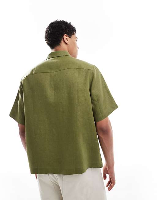 Asos ASOS DESIGN 100% Linen Boxy Regular Shirt In Dusty Green