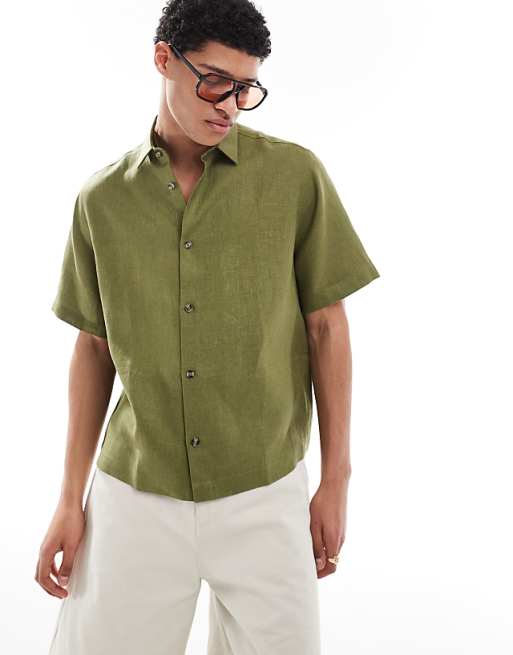 asos ASOS DESIGN 100% linen boxy regular shirt in dusty green