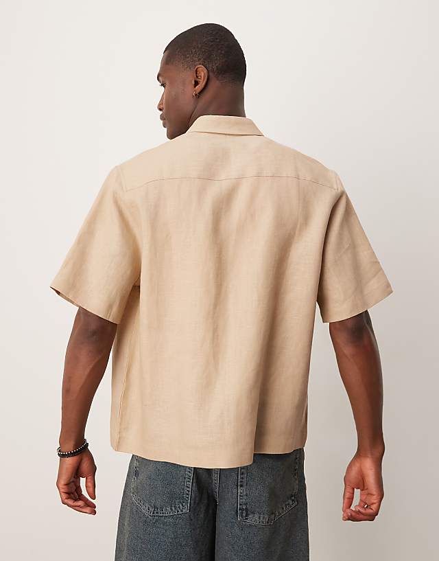 Asos ASOS DESIGN 100% Linen Boxy Regular Shirt In Sand