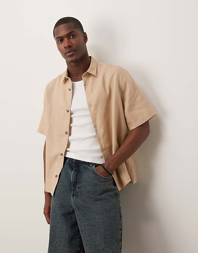 asos ASOS DESIGN 100% linen boxy regular shirt in sand