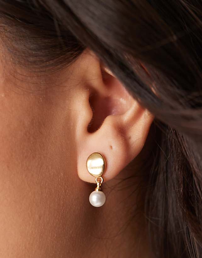asos ASOS DESIGN 14k gold plated earrings with drop faux pearl detail in gold tone