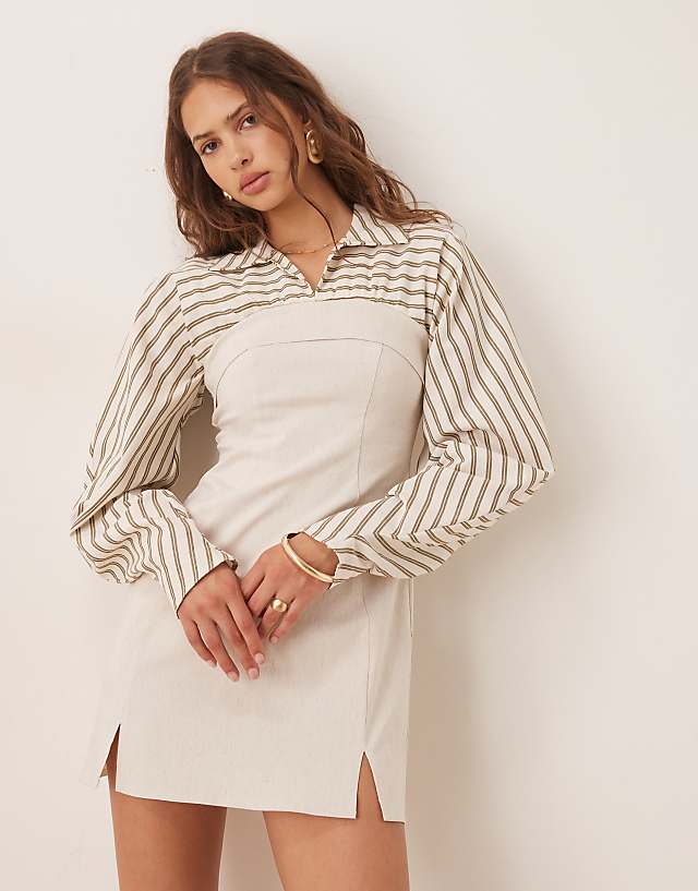 asos ASOS DESIGN 2 in 1 linen bengaline and stripe shirt mini dress in natural