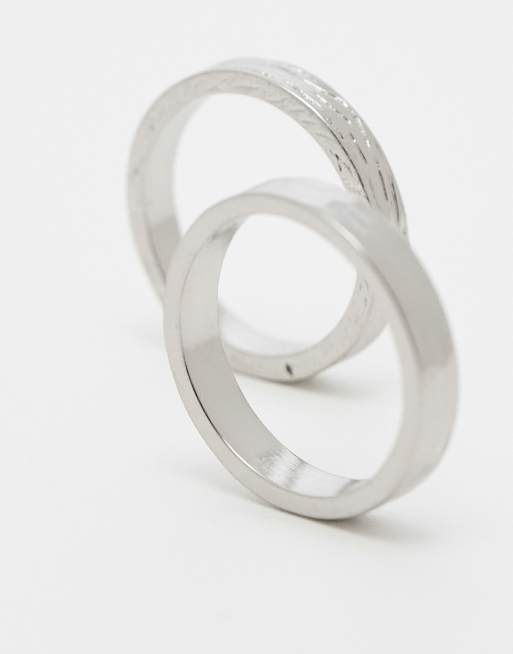 Asos ASOS DESIGN 2 Pack Band Ring Set With Texture In Silver Tone