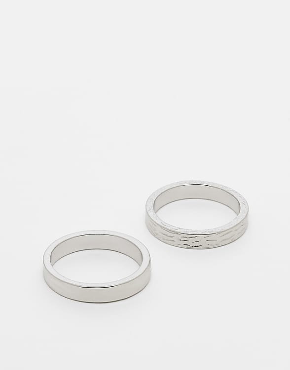 asos ASOS DESIGN 2 pack band ring set with texture in silver tone